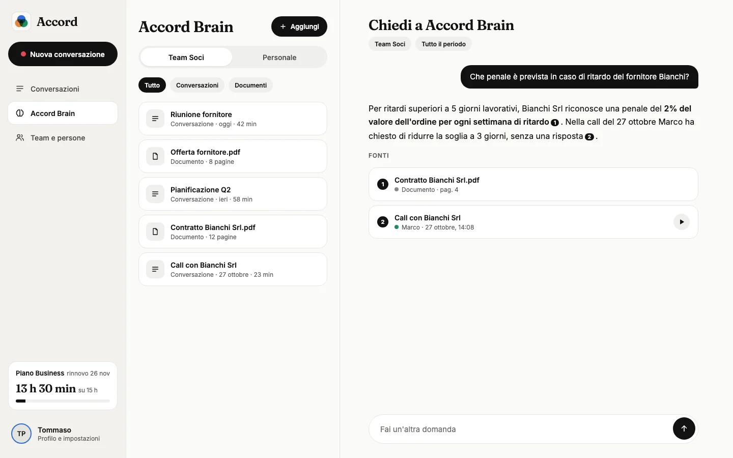 Accord Brain: libreria di conversazioni e documenti e chat con le fonti
