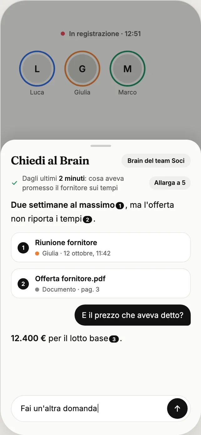 Il pannello Chiedi al Brain durante una registrazione, con risposta e fonti
