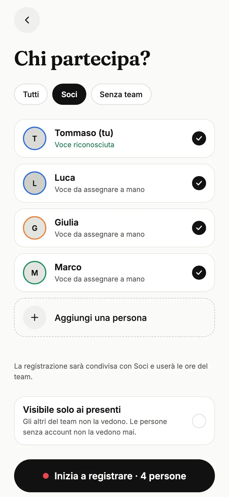 Scegli chi partecipa: il team, le persone salvate e chi registra
